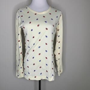 Vintage 70s Polyester Embroidered Leaf Pullover Top Sz Small